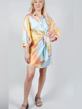 Women’s SHORT WRAP OVER SILK DRESS IN SHADES PRINT BY BEATRICE B Large 8 NWOT